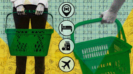 A split-screen illustration set against a backdrop of financial spreadsheets and U.S. dollar bills. A yellow fever line runs through the image and goes up dramatically on the left behind someone standing with a shopping basket. The fever line dips very low behind a shopping basket being held by a different person on the right. Between them are four symbols representing ride-sharing, hotel, grocery, and airline industries.