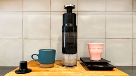 OXO Rapid Brewer on kitchen counter with coffee cups