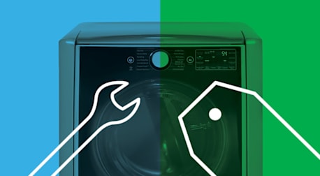 Wrench icon on left, price tag icon on right on top of clothes dryer