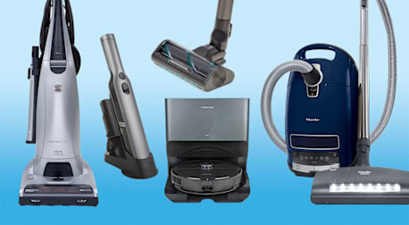 Clockwise from top middle: Samsung Bespoke Jet AI VS28C9762UK/AA Vacuum Cleaner, Miele Complete C3 Marin, Roborock S8 Pro Ultra, Shark Ion W1 WV201, and Kenmore Elite Pet Friendly 31150
