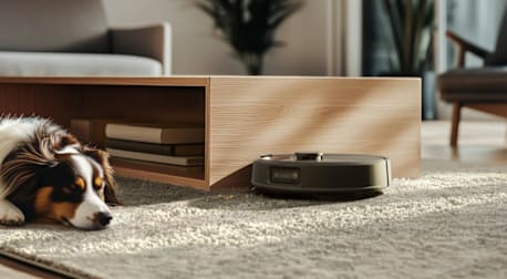 iRobot Roomba Max 705 vacuuming a beige living room rug next to a sleeping dog and wooden coffee table