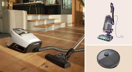Miele Blizzard CX1 Cat & Dog Bagless Canister vacuum, Shark PowerDetect AZ4002 Bagless Upright vacuum, and Roomba® Max 705 Vac Robot
