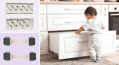 Clockwise from top left: Vmaisi Magnetic Cabinet Locks, a toddler looking into an open drawer in a kitchen, Jool Baby Magnetic Cabinet Locks
