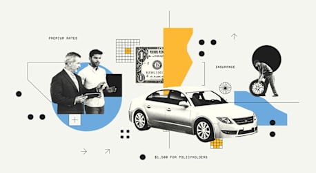 Illustration showing two men in discussion, a dollar bill, a car, and a person changing a tire, with abstract shapes and text highlighting premium rates, insurance, and $1,500 for policyholders