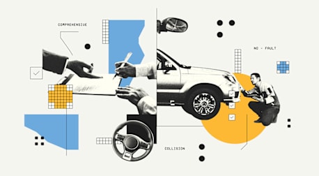 Illustration showing hands signing papers, a mechanic inspecting a car, and a steering wheel, with labels for comprehensive, collision, and no-fault coverage.