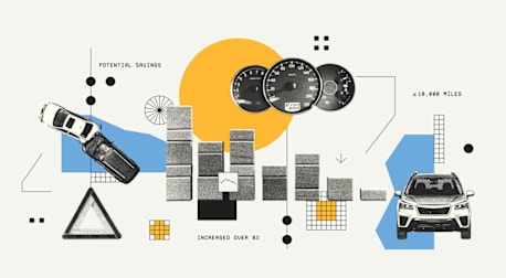 Photo Illustration showing cars, speedometers, and bar charts about car insurance savings and mileage.