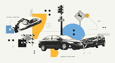 Illustration showing cars in accidents, flood damage, theft, and roadside assistance with abstract shapes and signs.
