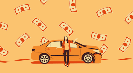 Illustration of a woman standing outside of a crashed car watching money float down from the sky.
