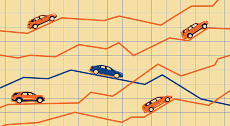 An illustration of cars driving along lines on a line graph.