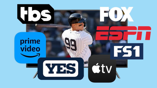 A photo collage with numerous TV network and streaming service logos laid over a TV with a New York Yankees player on it.