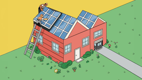 Illustration of the outside of a home, with people adding solar panels to the roof.