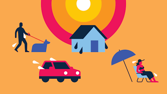 Illustrations of a man walking a dog, a house, a car, and a woman at the beach sweating from extreme heat.
