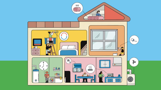 illustration of inside a home with each room showing a person making energy improvements