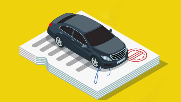 Illustration of a car sitting on top of a pile of paperwork.