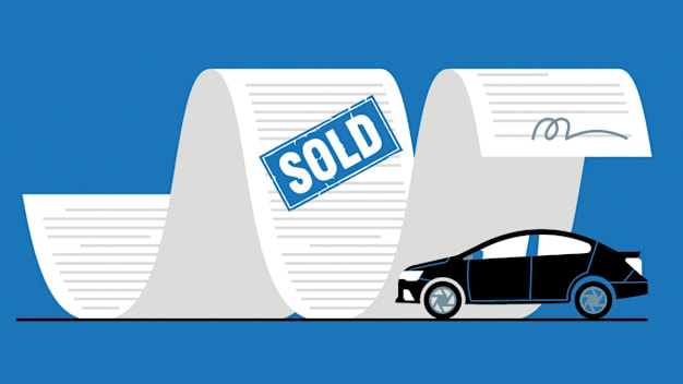 Illustration of long receipt with sold stamp, signature and car icon