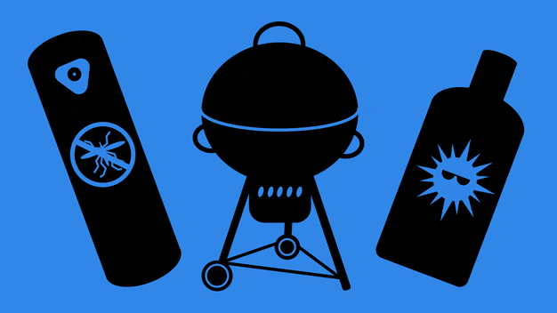 插图的GIF罐头喷雾剂，烧烤炉和一瓶被销售标签包围的防晒霜。