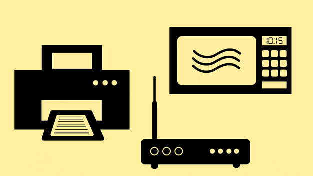 An illustrated GIF of a printer, wifi router and microwave, with sales tags