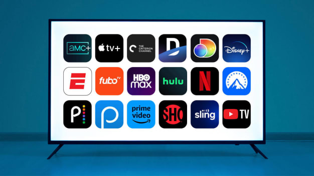 AMC+, Apple TV+, The Criterion Channel, Direct TV Stream, Discovery+, Disney+ ESPN+, FuboTV, HBO Max, Hulu, Netflix, Paramount+ Peacock, Philo, Amazon Prime Video, Showtime Now, Sling and YouTube TV Steaming  apps icons on TV screen with blue background.