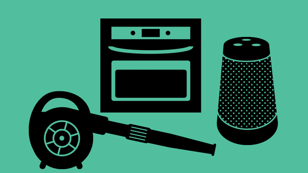 An illustrated GIF of a leaf blower, wall oven, and smart speaker surrounded by sales tags.