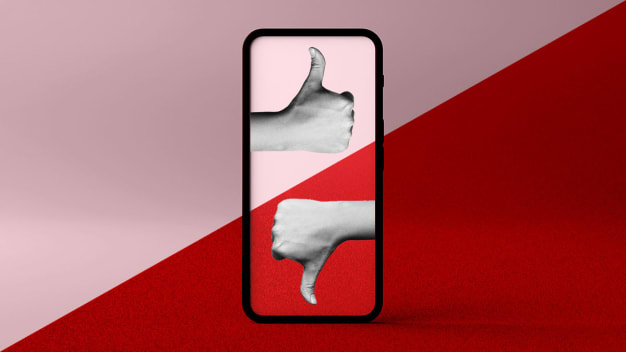 Photo illustration of a cell phone split in half with a thumbs up and a thumbs down.