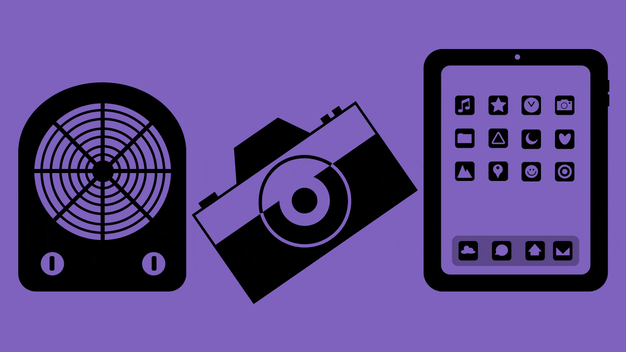 Illustrations of a space heater, camera, and tablet.