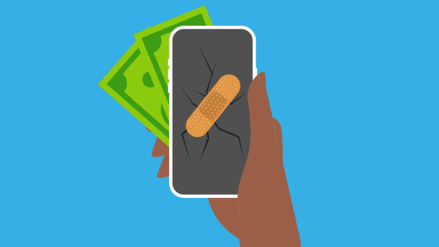 Illustration of a hand holding a cracked phone with a band-aid on it with money