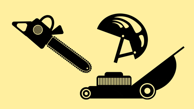 Illustrated GIF of a chainsaw, bike helmet, lawn mower.