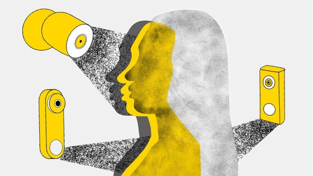 Illustration of a person's profile being lit by several security camera devices