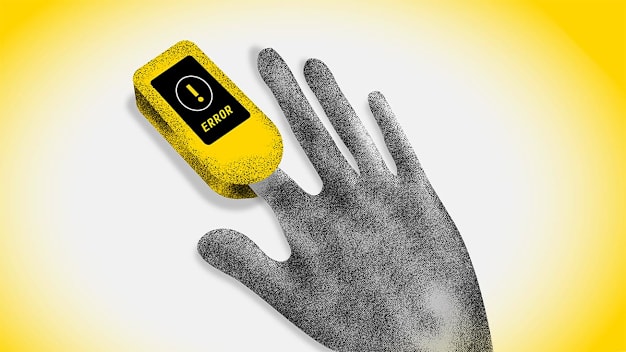 Illustration of a person with dark skin who has their hand in an oximeter.