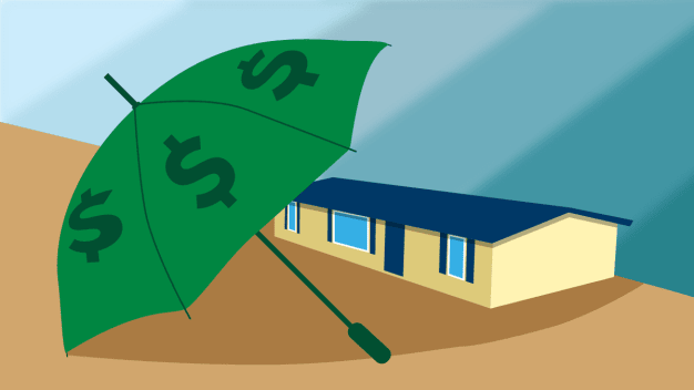 Illustration of an umbrella with money signs over it leaning over a manufactured home.