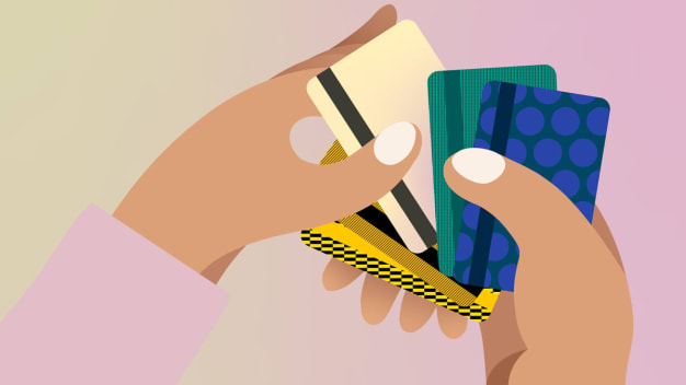 illustration of hands holding various credit cards