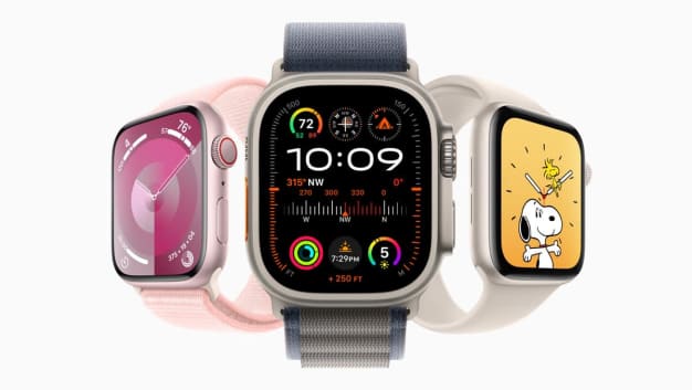From left: Apple Watch Series 9, Apple Watch Ultra 2, and Apple Watch SE