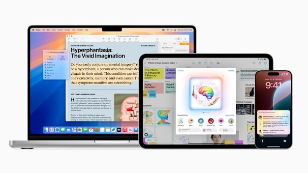 iPhone, iPad, and Mac displaying Apple Intelligence