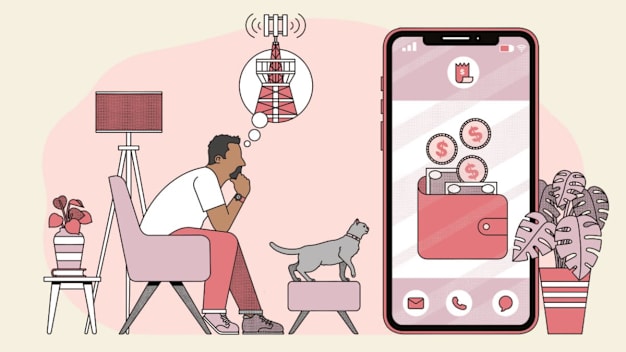 illustration of person sitting on chair in space with potted plants, floor lamp, and cat while looking at large smartphone that has a wallet and dollar signs