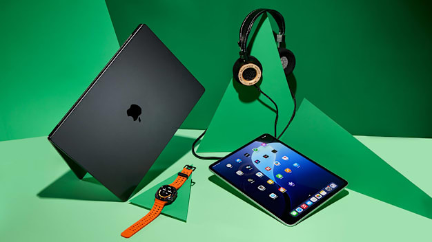From Left: Laptop, Smartwatch, Headphones, ipad