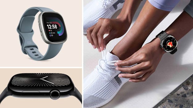 Images of a Fitbit Versa 4, a person tying their shoelaces while wearing a Samsung Galaxy Watch Ultra, and the Apple Watch Series 10 smartwatch.