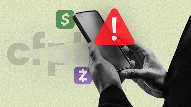 A photo illustration shows Hands holding a smartphone with a red warning icon, alongside the Cash App, Zelle, and CFPB logos.