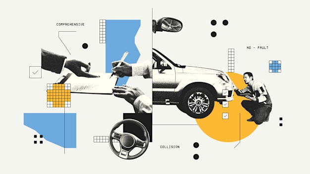 Illustration showing hands signing papers, a mechanic inspecting a car, and a steering wheel, with labels for comprehensive, collision, and no-fault coverage.