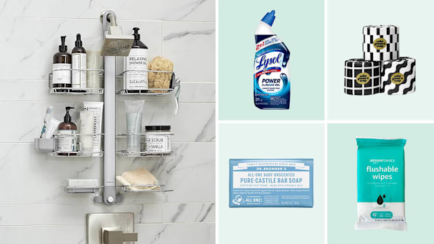 Simple Human shower caddy, Lysol toilet cleaner, Who Gives a Crap toilet paper, Dr Bronner bar soap, Amazon Basics flushable wipes