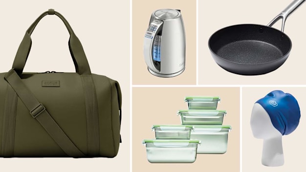 Clockwise from center: Cuisinart PerfecTemp Cordless Electric Kettle CPK-17, Oxo Ceramic P Dagne Dover Landon Carryall, and
