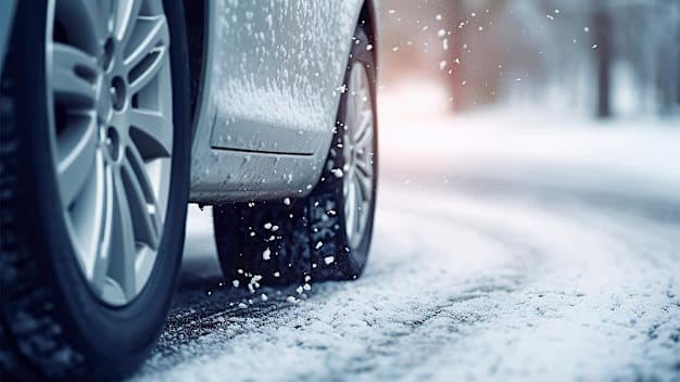 Closeup of car tire wheels driving in snow.