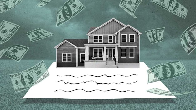 Illustration of a home with floating U.S. hundred-dollar bills surrounding it on a piece of paper.