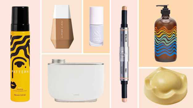 Photos of Pattern Curl Mousse, Fenty Beauty skin tint, Aera diffuser, Lush body butter, Bathing Culture body wash, Danessa Myricks Beauty Colorfix Stix, Olive & June nail polish.