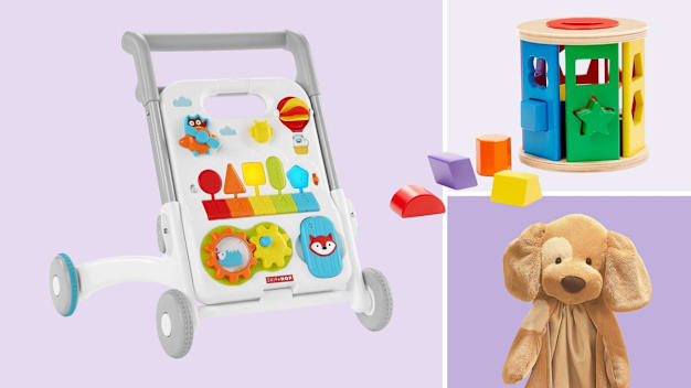 grid of Skip Hop 4-in-1 Toy Walker, Melissa and Doug Match and Roll Shape Sorter, and Gund Baby Spunky the Dog on purple backgrounds