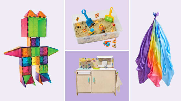 MAGNA TILE Classic 100 Piece set, Creativity for Kids Sensory Bin, The Real Life Play Kitchen, Sarah Silks Set of 3 Playsilks