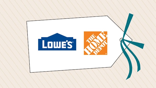 Illustration of shopping tag with Lowe's and The Home Depot Logos.