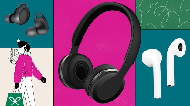 Collage of headphones, earbuds, and a winter shopper with a gift bag.