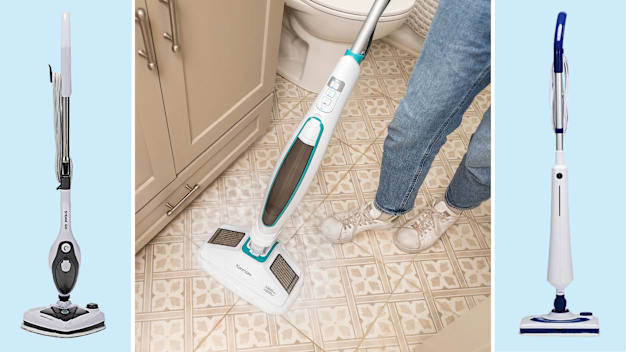 L-R: Steam & Go Housekeeper 10-in-1 SAG806D, shot from above of a person using the Kenmore S200 Series SM2060 steam mop on a bathroom floor, the Aspiron Professional AS-CA044 steam mop.
