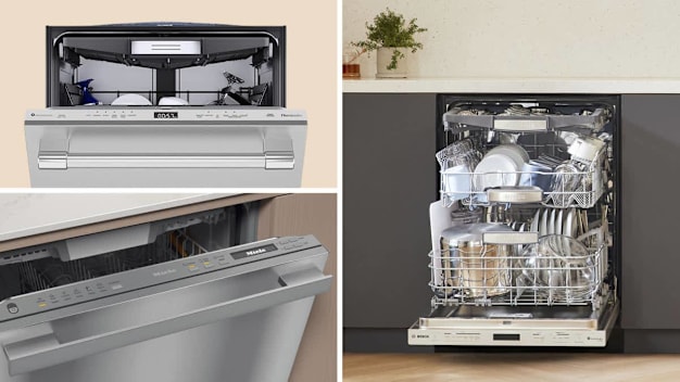 grid of three dishwasher images (detail of partially open Thermador Star Sapphire DWHD661EFP, detail of partially open Miele G7196SCVISF, and a fully open Bosch Benchmark dishwasher loaded with various types of dishes