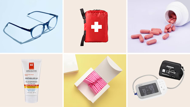 Collage including a pair of eye glasses, a first aid kit, pills spilling from a bottle, a blood pressure monitor, a box of menstrual pads, and a bottle of sunblock.
